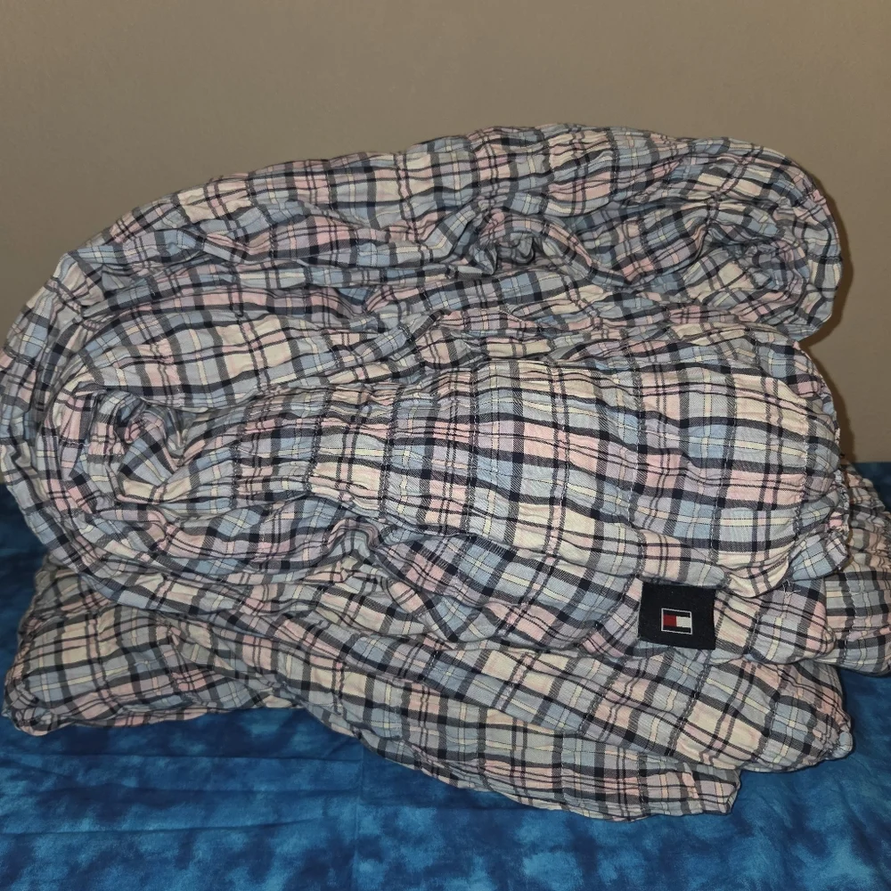 Tommy Hilfiger Home Twin Comforter Blue Plaid Cotton Textured Pleated Crinkled - Picture 1 of 7